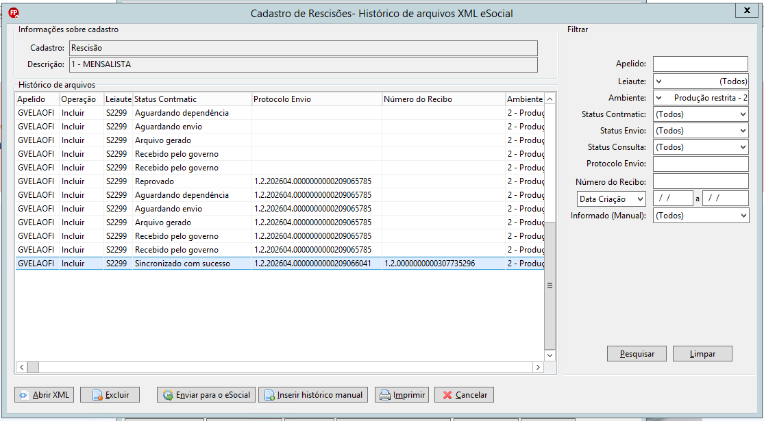 Histórico de arquivos XML eSocial.