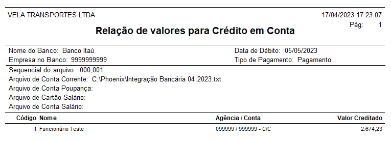 Relação de Valores para Crédito em Conta