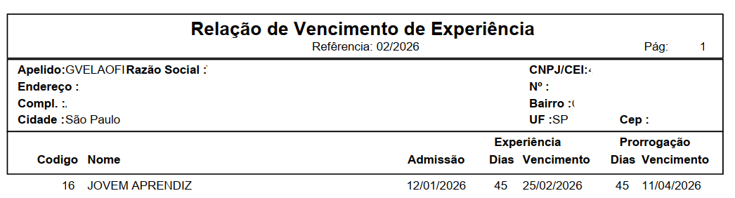 Tela de geração do relatório de vencimentos de experiência