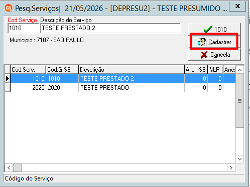 Opção Cadastrar na tela de pesquisa de serviço.