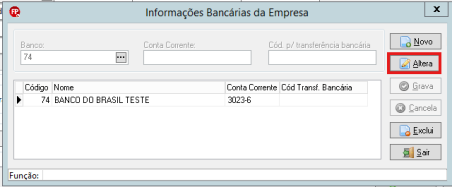 Tela de alteração de dados bancários.
