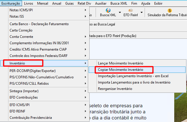 Tela de cópia de movimento do inventário.
