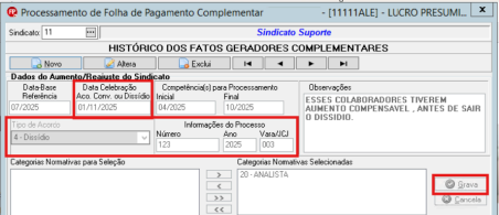 Tela de processamento da folha complementar