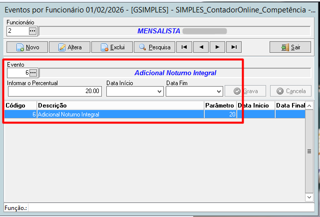 Tela do sistema Folha destacando a configuração do evento 6, adicional noturno integral, com percentual de 20,00 para funcionário mensalista.