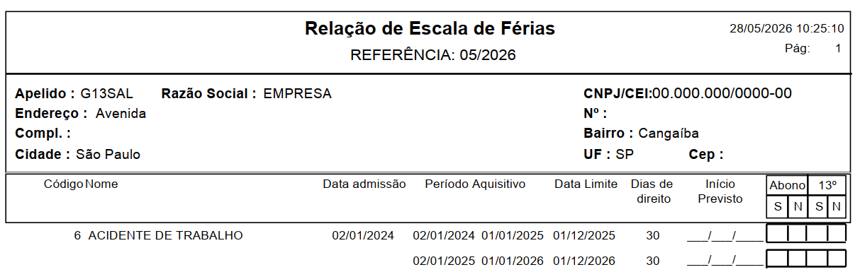 Demonstração do Relatório de Vencimento de Férias gerado