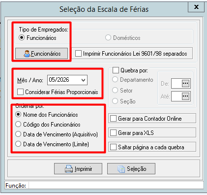 Opções de ordenação do relatório