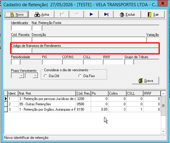 Tela de pesquisa da Tabela 01 no Cadastro de Retenções