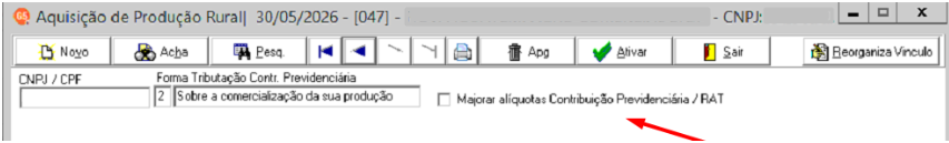 Tela de Aquisição de Produção Rural destacando o checkbox Majorar Alíquotas Contribuição Previdenciária / RAT.