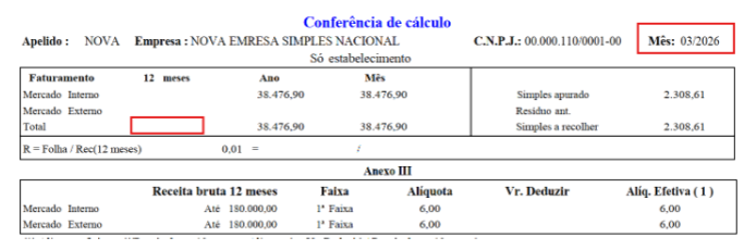 Cálculo no sistema para 03/2026