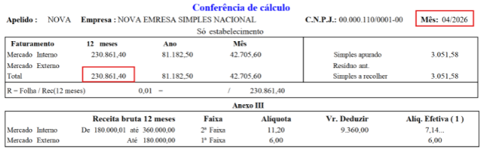 Cálculo no sistema para 04/2026
