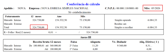 Cálculo no sistema para 05/2026