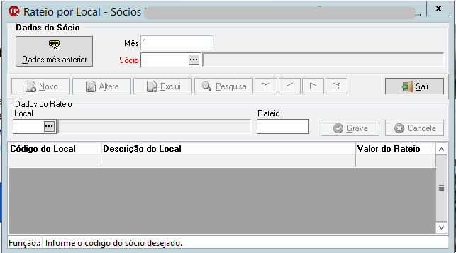 Tela de Rateio por Local do Sócio com preenchimento do local correspondente