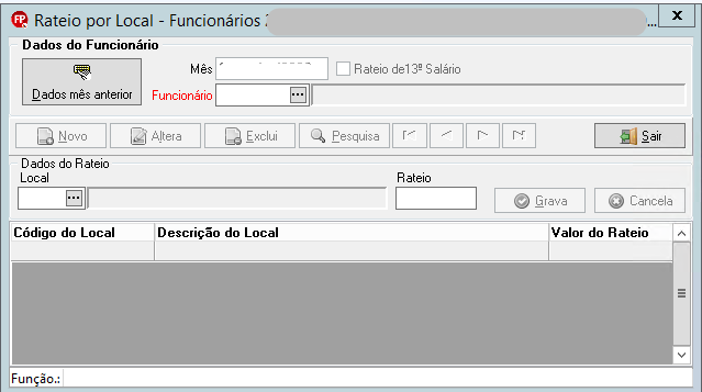 Tela de Rateio por Local do Funcionário