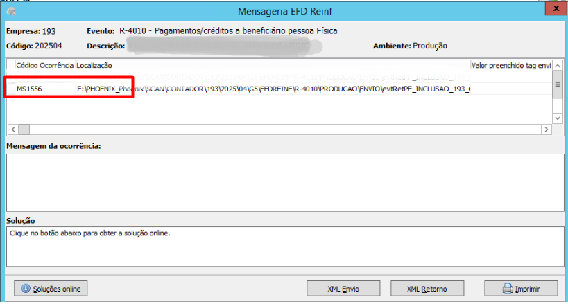 Mensagem de erro MS1556 no sistema G5.
