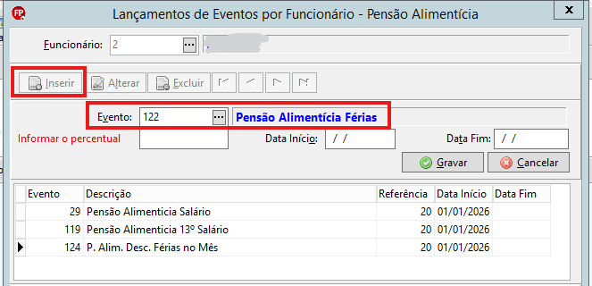 Tela de lançamento do evento 122 de Pensão Alimentícia
