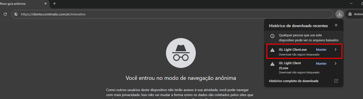 Executar link na guia anônima.