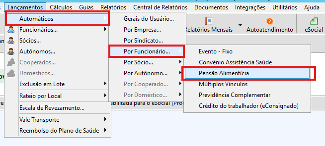 Caminho do menu Lançamentos Automáticos Por Funcionário Pensão Alimentícia