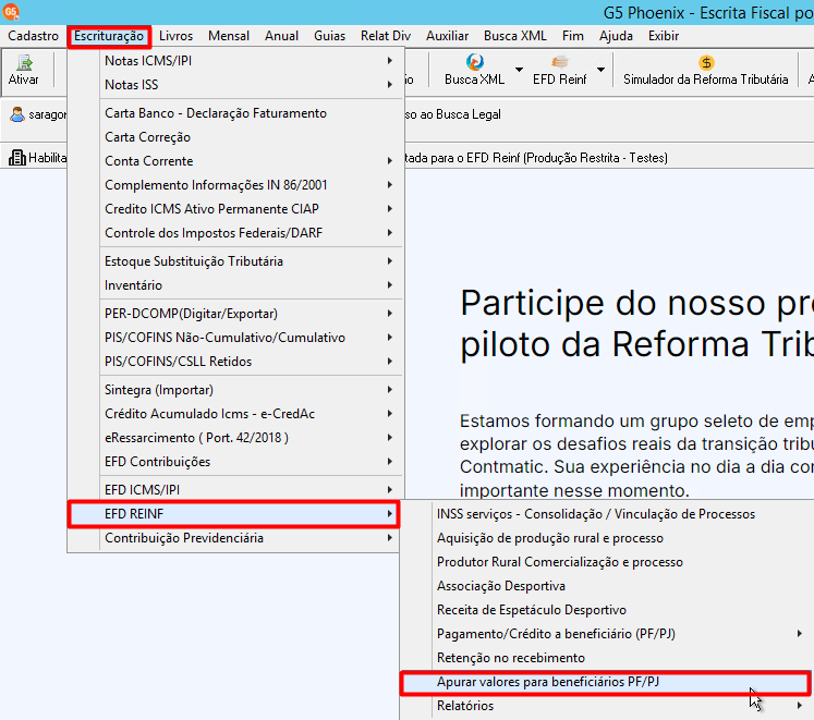 Acesso ao menu de apuração de valores