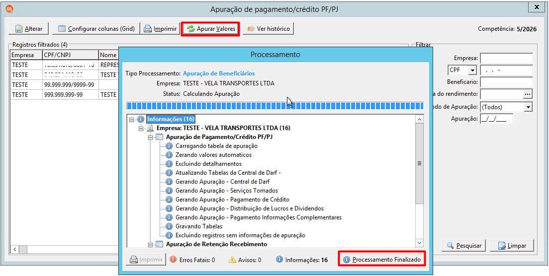 Tela de processamento finalizado da apuração