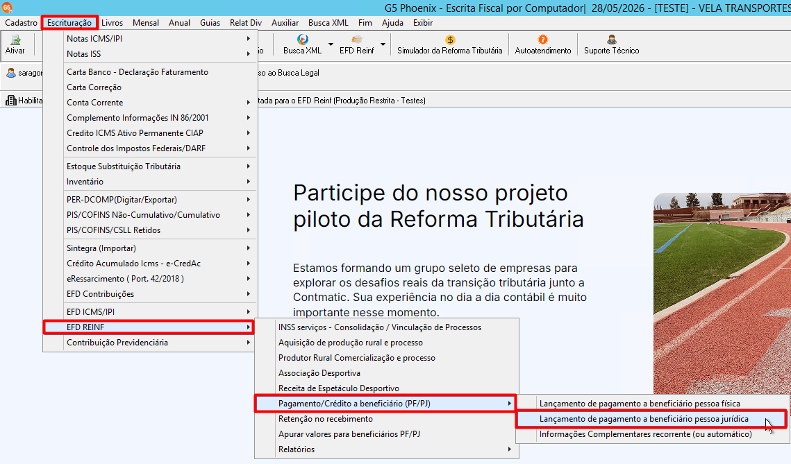 Acesso ao menu de lançamento de pagamento a beneficiário