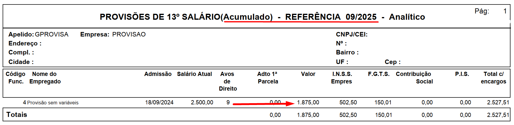 Relatório de Provisão Acumulada de setembro de 2025