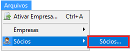 Menu suspenso "Arquivos" com o cursor selecionando "Sócios" e uma ramificação destacando a opção "Sócios...".
