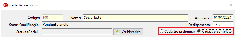 Cabeçalho do "Cadastro de Sócios" mostrando o nome "Sócio Teste" e a opção "Cadastro completo" selecionada à direita.