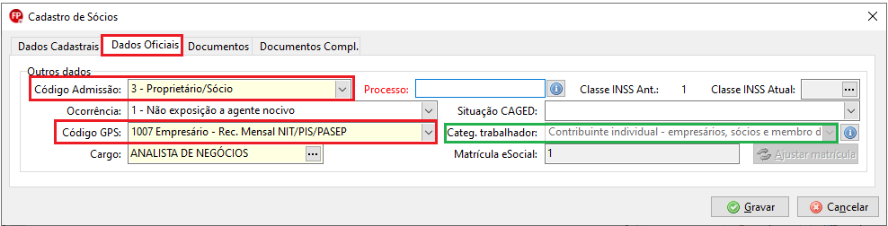 Seção "Outros dados" na aba "Dados Oficiais", configurando o código de admissão como proprietário/sócio e cargo de analista.