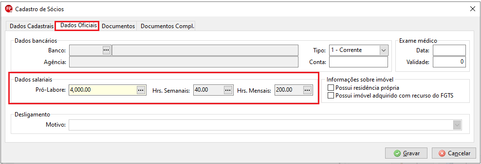 Seção "Dados salariais" na aba "Dados Oficiais", com o campo Pró-Labore preenchido com o valor de 4.000,00.