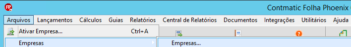 Menu Arquivos do sistema sistema Folha aberto e expandindo a opção Empresas.