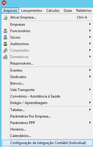 Menu Arquivos no sistema Folha destacando a opção Configuração da integração contábil (individual).