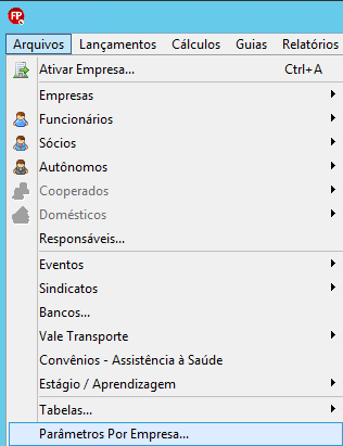 Menu Arquivos no sistema Folha com a opção Parâmetros por empresa selecionada.