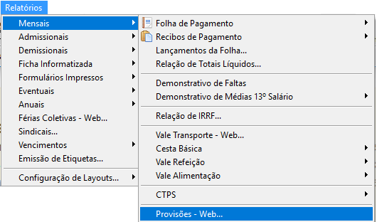 Menu Provisões Web