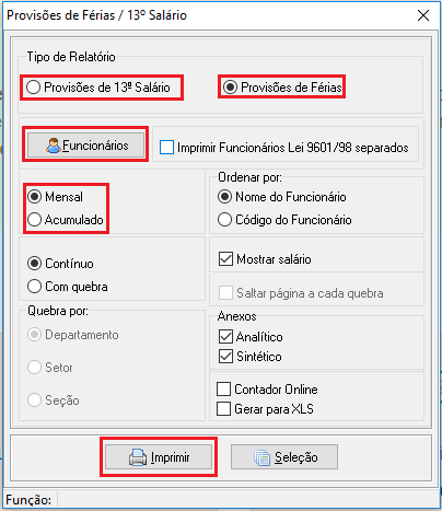 Tela de seleção de provisões