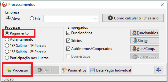 Opção Pagamento e botão Processar