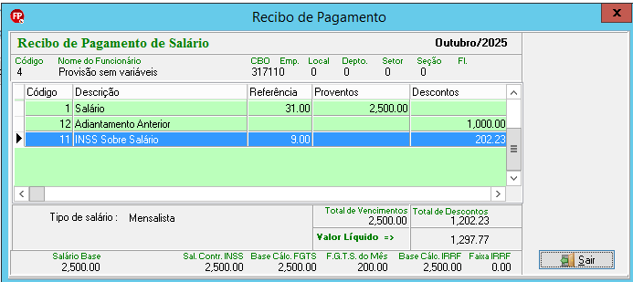 Recibo de pagamento de salário de outubro de 2025 para funcionário mensalista com salário base de R$ 2.500,00 e valor líquido de R$ 1.297,77.