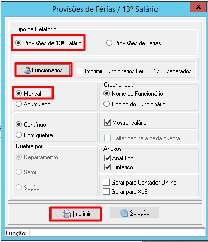 Tela do sistema para emissão de relatório de provisões de 13º salário, configurada na opção mensal por funcionário em formato contínuo.