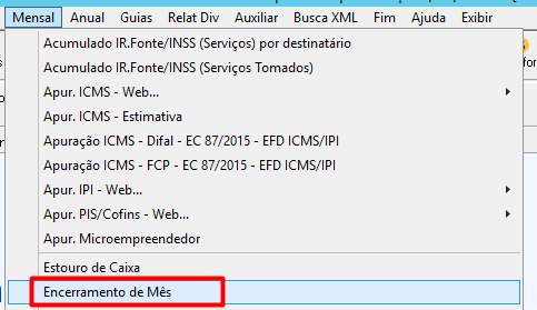 Menu do sistema G5 com a opção "Encerramento de mês" selecionada na aba "Mensal".