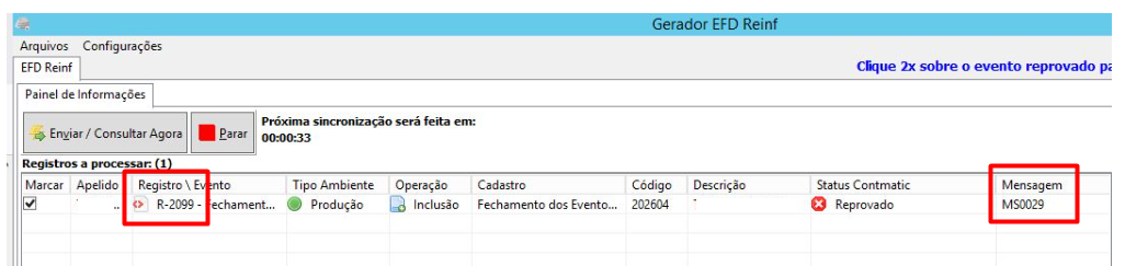 Tela do Gerador EFD Reinf mostrando o evento R-2099 de fechamento reprovado com a mensagem de erro MS0029 em destaque.