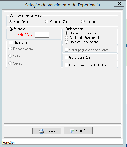 Configuração dos filtros para emissão do relatório de vencimentos.