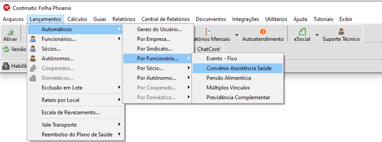 Tela de Lançamentos Automáticos por Funcionário destacando o Convênio Assistência Saúde