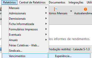 Menu de acesso ao relatório de vencimentos de experiência.