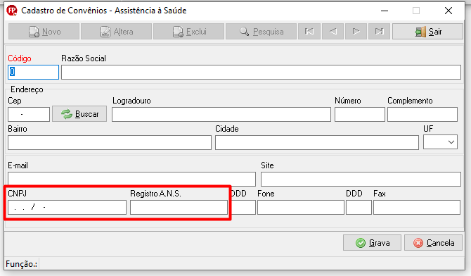 Tela de cadastro de Assistência à Saúde com destaque para o CNPJ e Registro ANS