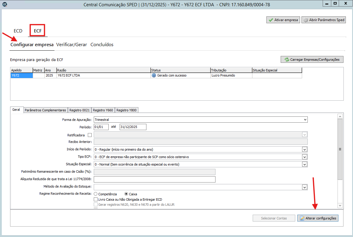 Aba ECF Configurar Alterar Configurações