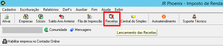 Tela de receitas no sistema JR.