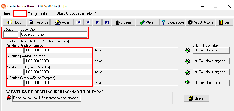 Tela de cadastro de grupo no sistema G5, detalhando as contas contábeis vinculadas ao grupo "Uso e Consumo" com marcações em vermelho.