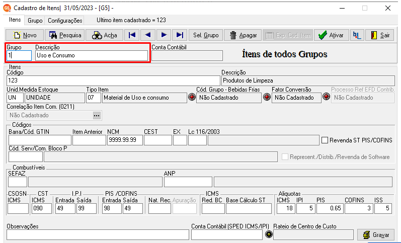 Tela de cadastro de item no sistema G5, exibindo detalhes do produto "Produtos de Limpeza" com o grupo "Uso e Consumo" destacado em vermelho.