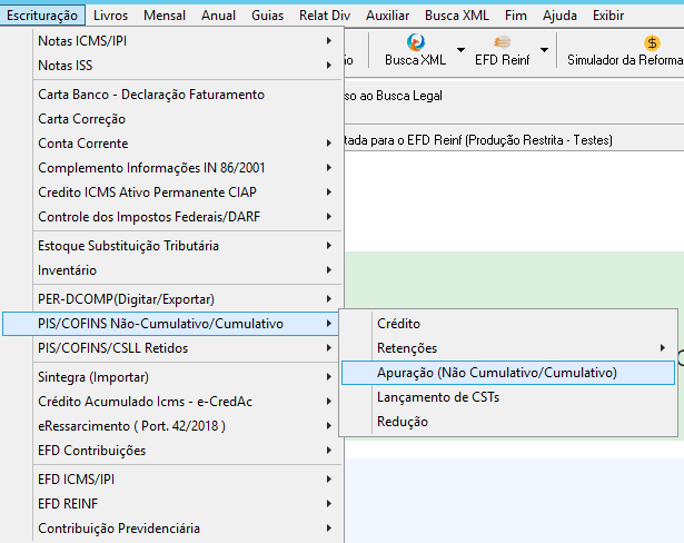 Menu "Escrituração" com o caminho "PIS/COFINS Não-Cumulativo/Cumulativo" > "Apuração (Não Cumulativo/Cumulativo)" selecionado.