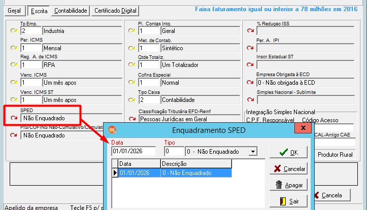 Tela de especificações da empresa com uma janela sobreposta "Enquadramento SPED" configurada como "0 - Não Enquadrado" em 2026.