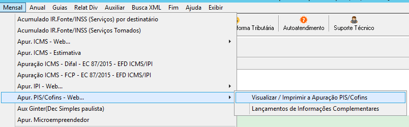 Menu "Mensal" do sistema com o cursor sobre "Apur. PIS/Cofins - Web..." e a opção "Visualizar / Imprimir a Apuração PIS/Cofins" selecionada.